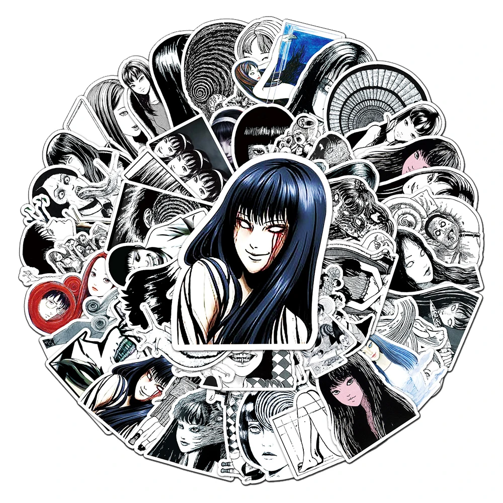 10/30/50 قطعة ملصقات أنمي مرعبة تومي كاواكامي، ملصقات كرتونية باللونين الأسود والأبيض، ملصقات مانغا جونجي إتو الرائعة لتزيين الحقائب ولوح التزلج