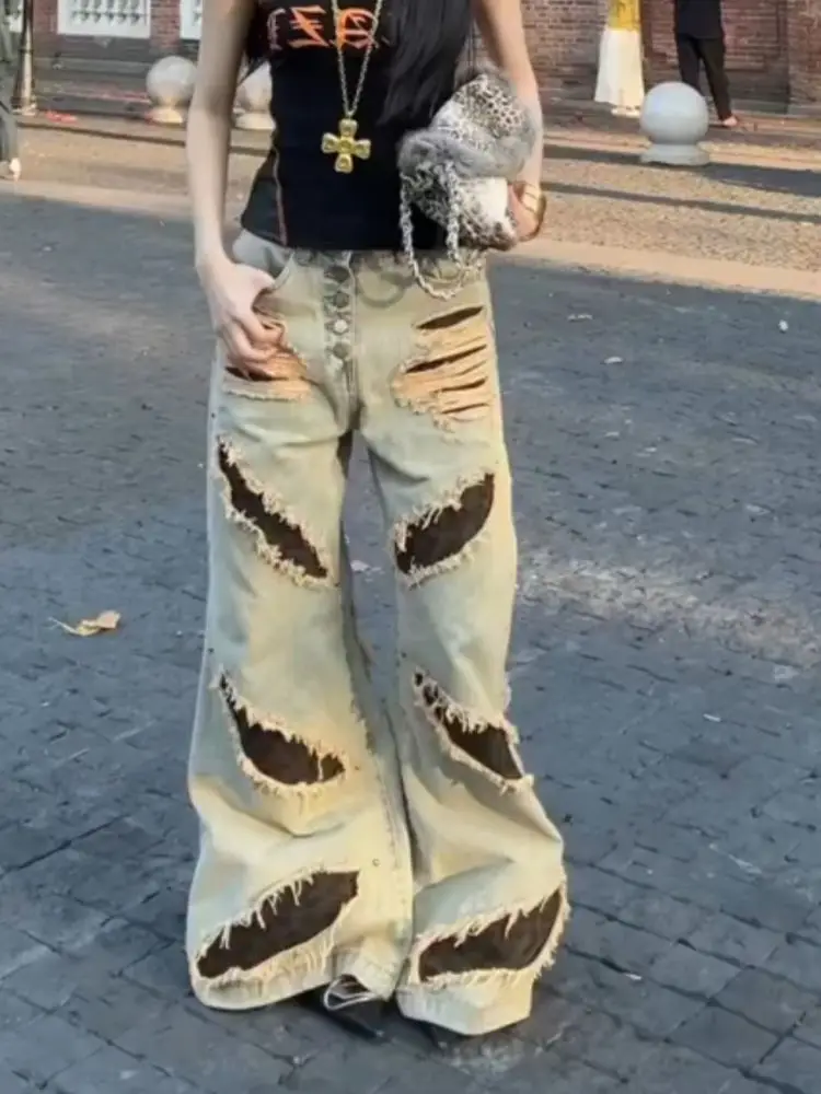 

High Street Design Ripped Leopard Print Jeans Female American Spice Girl Old Washed Splicing Micro-horn Baggy Jeans