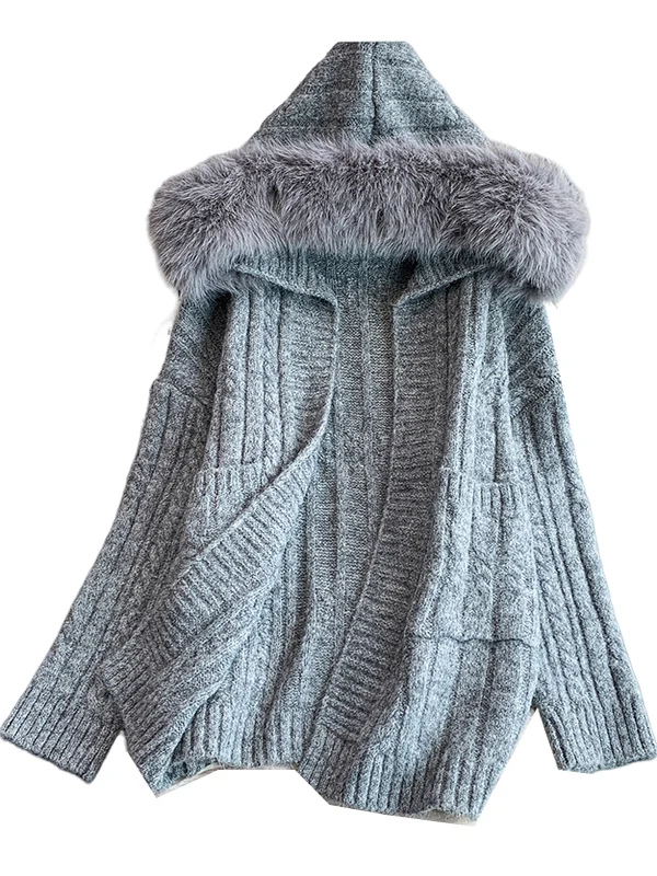 Thiened Zware Werk Bontkraag Open Vest Gebreide Trui Dames Winter Lui Sle Warme Pluizige Lange Sve Jas