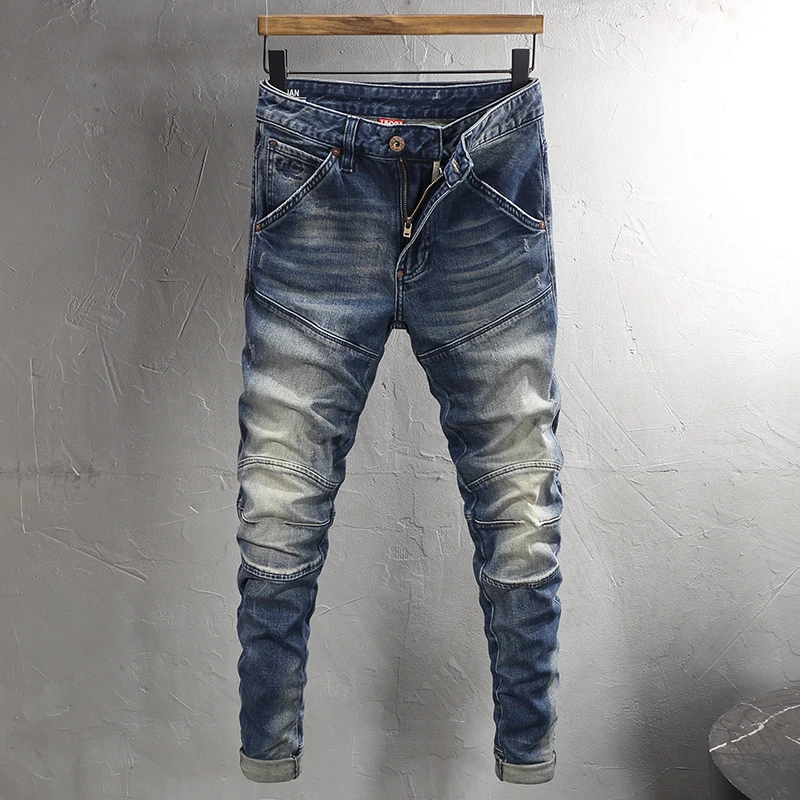 

Street Fashion Men Jeans High Quality Retro Washed Blue Stretch Slim Fit Spliced Designer Biker Jeans Men Hip Hop Denim Pants