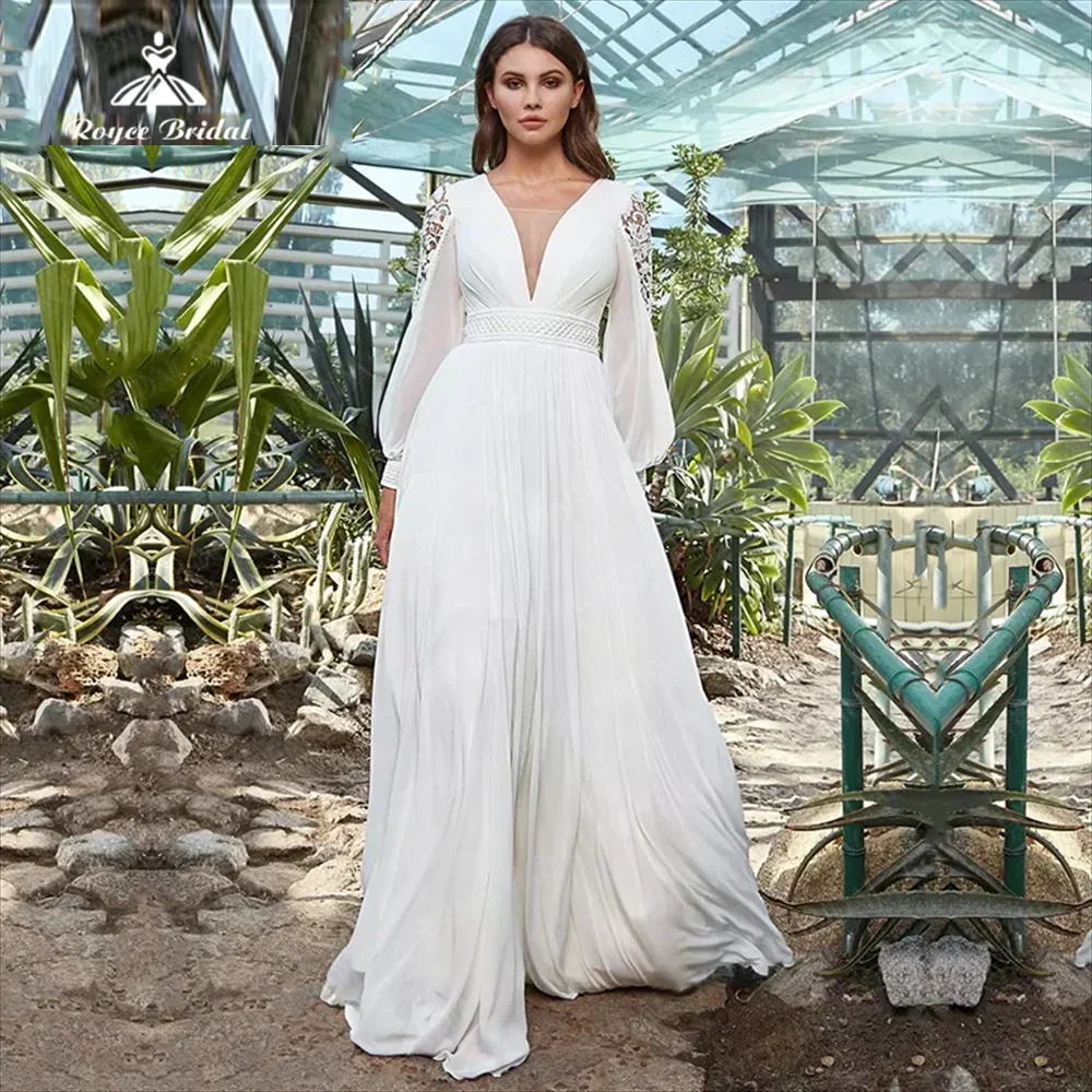 Boho Long Sleeves Chiffon Ruffle Weeding Dress Plunging V-Neck A Line With Lace-up Back Classic Bridal Gowns vestido de novia