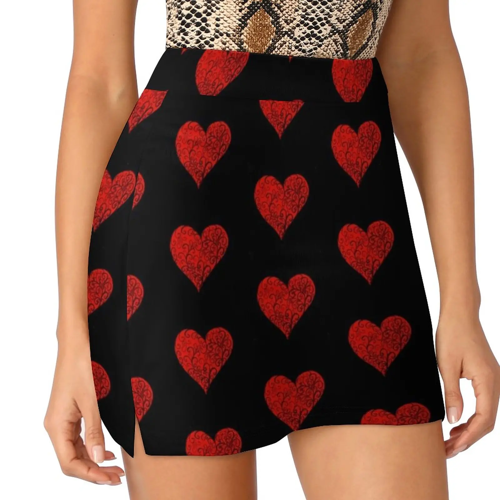 Red Heart With Black Swirls Women's skirt With Hide Pocket Tennis Skirt Golf Skirts Badminton Skirts Running skirts Red Red