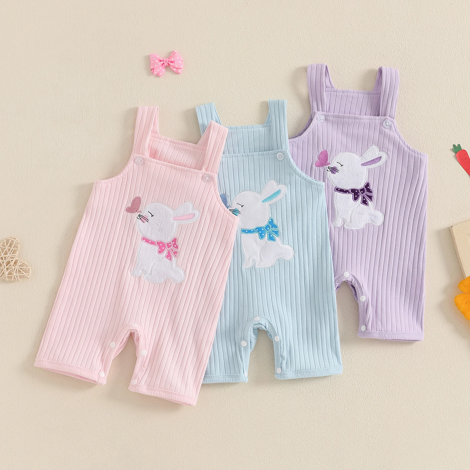 FOCUSNORM 0-18M Lovely Baby Boys Girls Easter Overalls Romper Rabbit Embropidery Sleeveless Square Neck Bodysuit