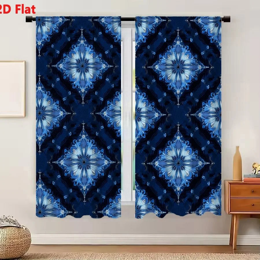 2Pcs Curtains 2D Flat Deep Blue Seamless Ornate Floral Mandala Pattern Textile Design Window Drapes for Bedroom Room Decor Decor