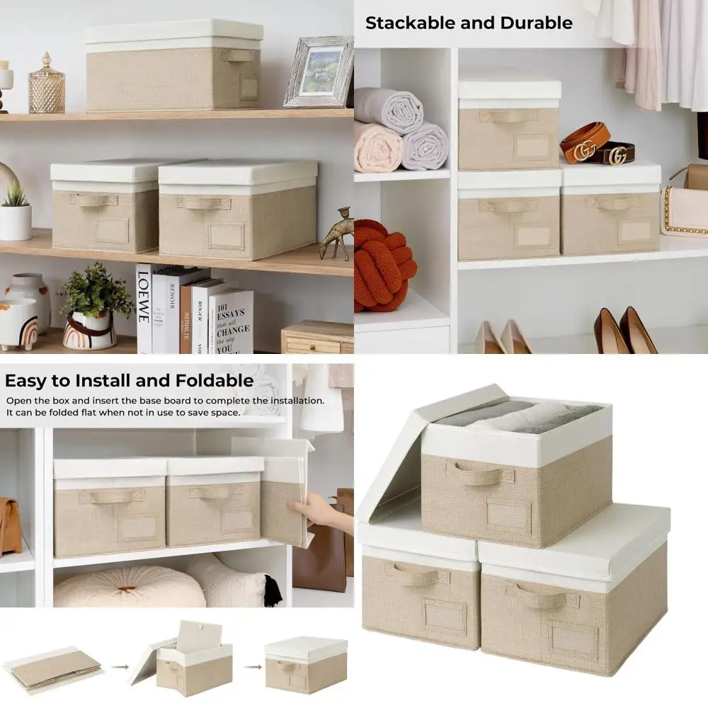 

3-Pack Khaki & Ivory Linen Fabric Storage Baskets with Lids for Clothes & Keepsakes Organization