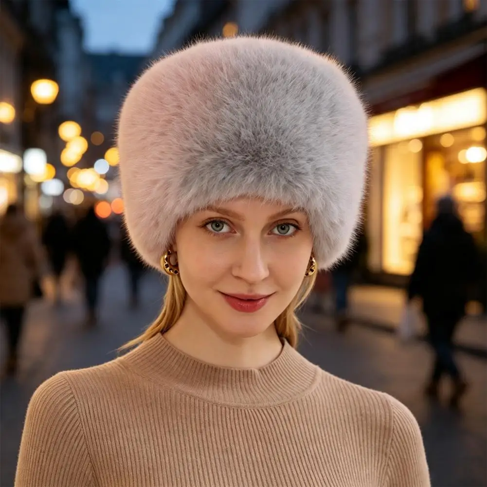 Solid Color Hat Women’s Fuzzy Brimless Hat Warm Faux Fur Ushanka Plush Solid Color Winter Bucket Hat for Weather Ladies