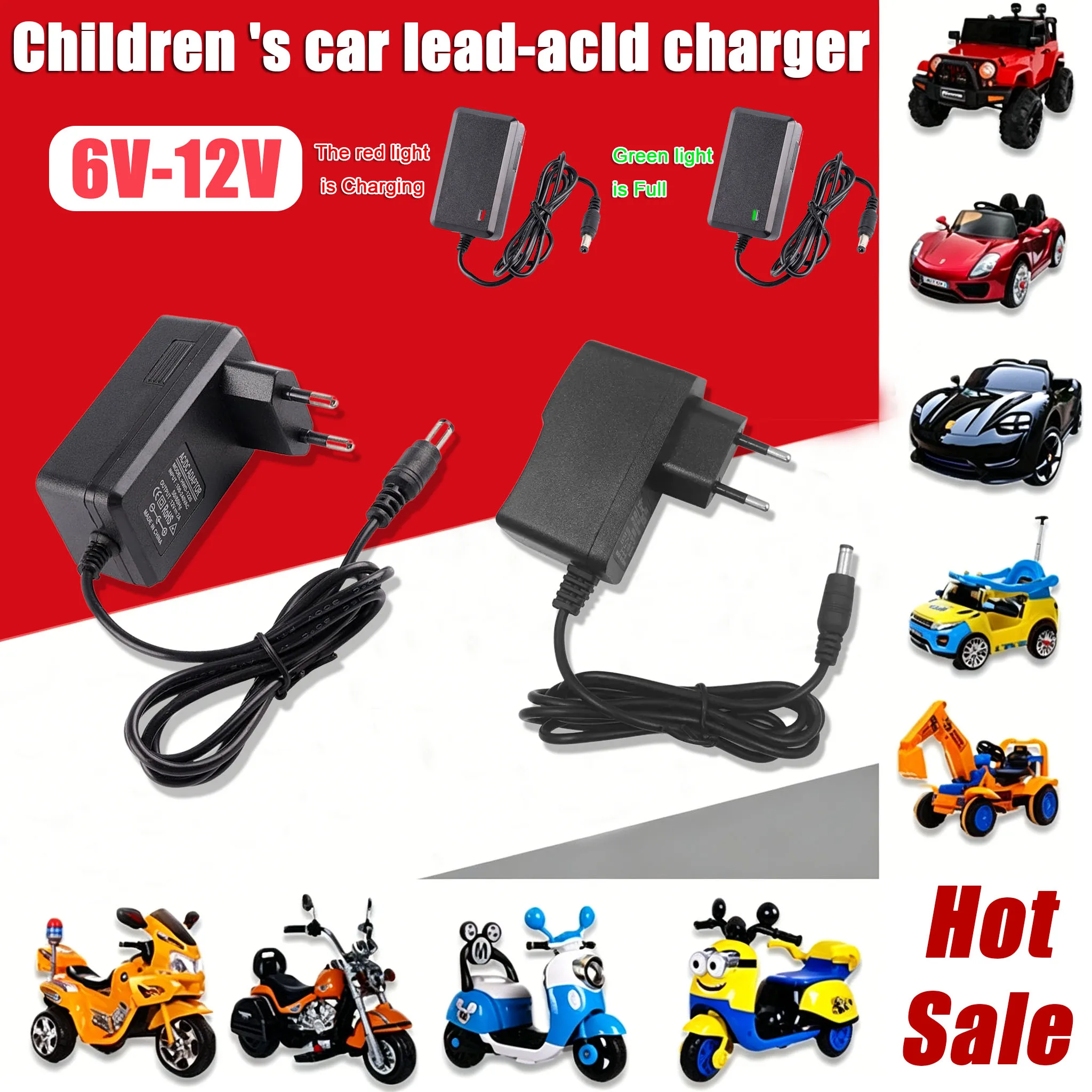 Children's Electric Car Charger 12V 1A 2A EU US Plug with Light Prompt, Ride on Toys Car Power Adapter 6V 1A Battery Charger