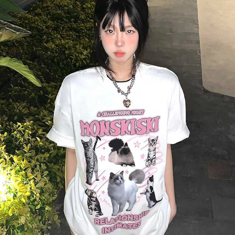 Korean Loose Cute Cat Print Round Neck Cotton Short-sleeved T-shirt Summer Top Y2k Harajuku Plus Size Women's Sumer Clothes