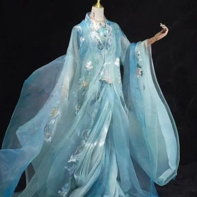 

Women's Hanfu Summer Autumn Cool and Elegant Ancient Costume with Large Sleeves Embroidered Warring States-style Robe Set