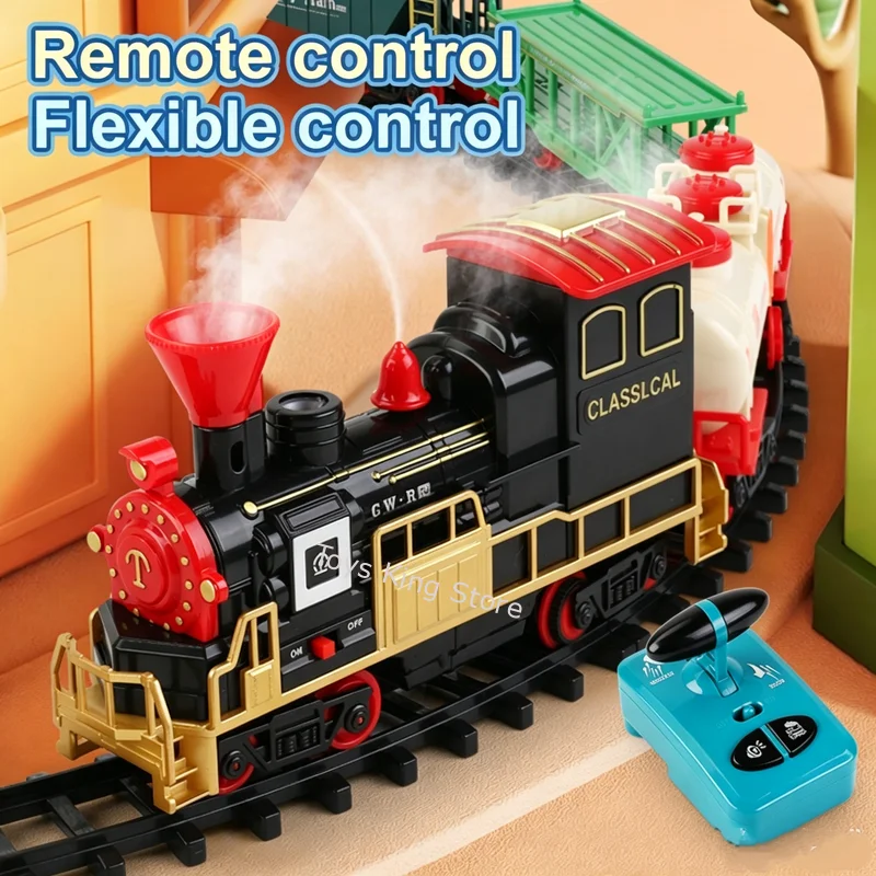 

Simulation Electric Remote Control Track Retro Christmas Steam Train With Carriage Lights Sound Kids Toys Classical Model Gifts
