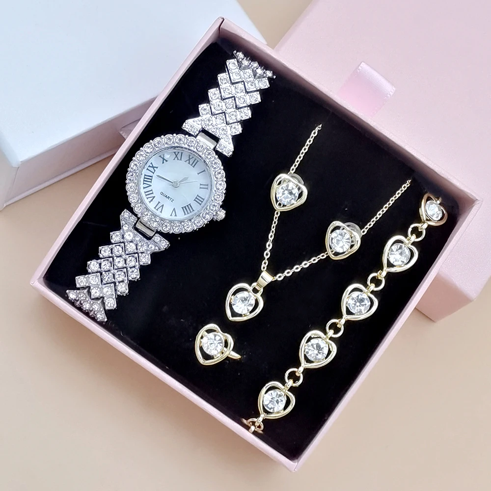 5PCS Set Luxury Rhinestone Watch Women Watch Jewelry Ladies Female Relogio Crystal Ring Necklace Earrings Bracelets With Box