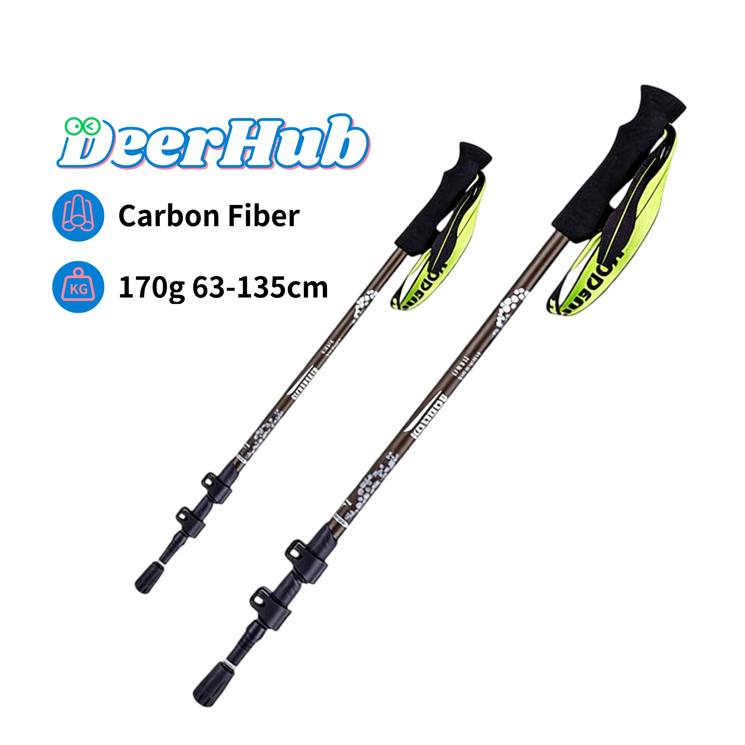 DeerHub Carbon Fiber Trekking Poles: 170g Ultra-Light, Adjustable 63-135cm with External Lock & Tungsten Tip, 3-Section Folding