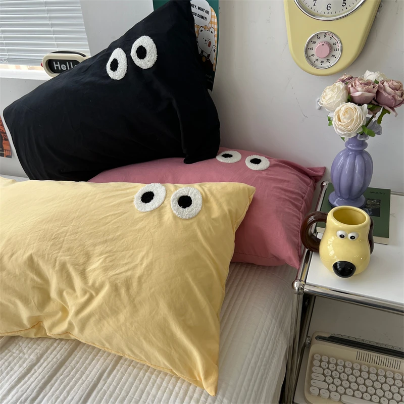 Dopamine INS Big Eyes Towel Washed Cotton Pillowcase Pair for Students Dormitory Single Person Pillowcase Individual