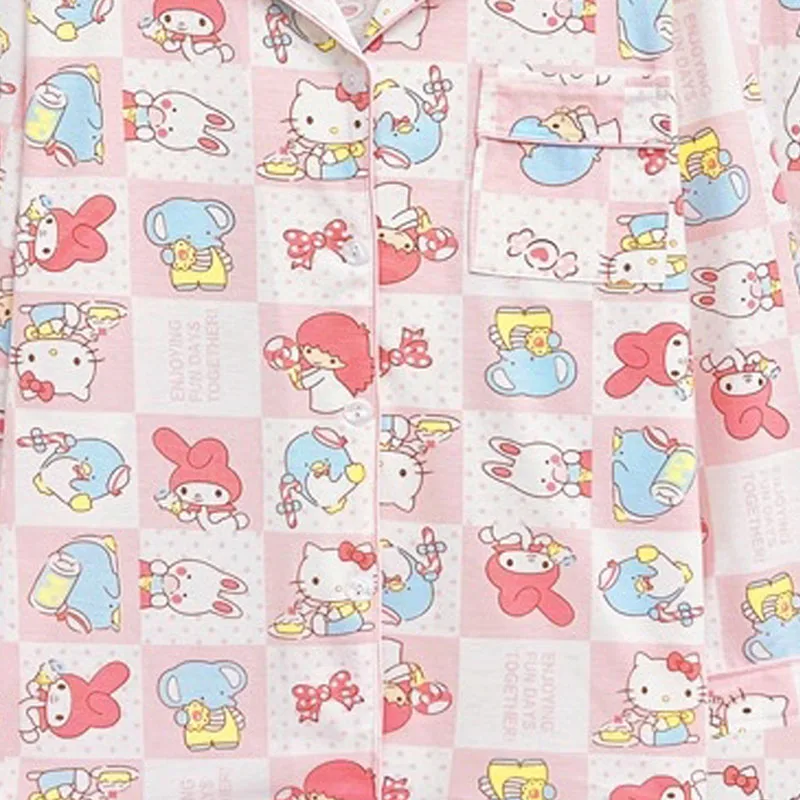 Hello Kitty Sanrio ชุดนอนแขนยาวชุดนอนชุดนอนผู้หญิงพิมพ์ลายการ์ตูนเสื้อพร้อมกางเกงชุดอยู่บ้านชุดนอน