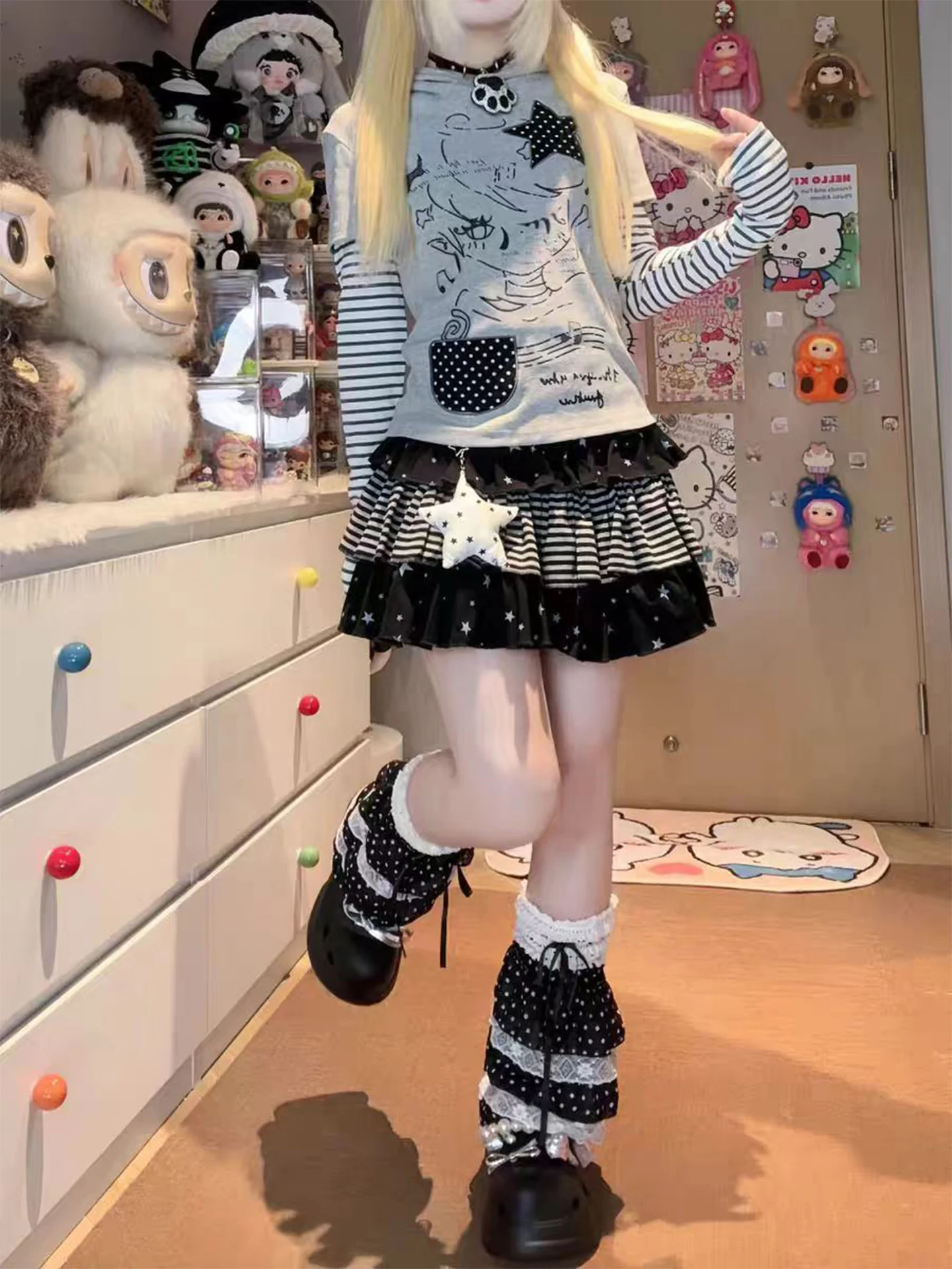 Summer Y2K Japanese Light Anime Style Striped Star Puffy Skirt Women's Half Skirt Anti-Lightening Iron Diamond Cake Short Skirt