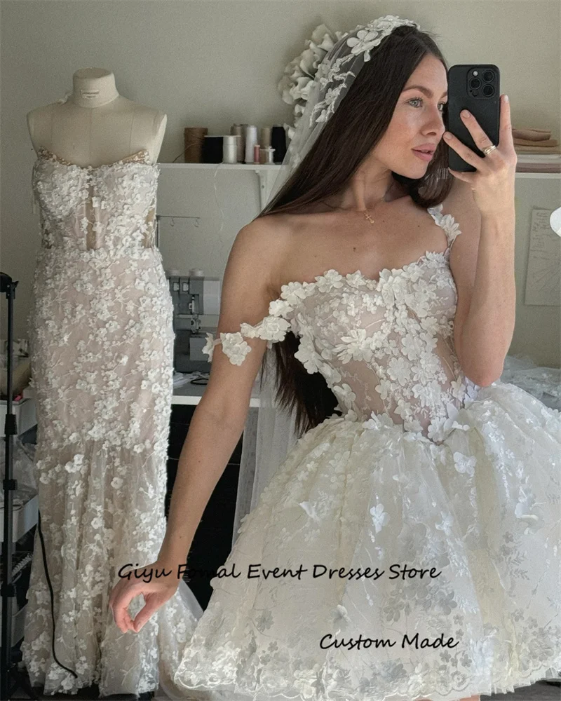 Giyu Princess Lace Mini Short Wedding Dresses Korea Photo shoot Off Shoulder Cute Lovely Bridal Gowns Corset Back Prom Dress