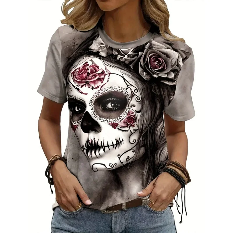 Skeleton Flower Pattern T Shirt For Women Day Of The Dead 3D Printed Short Sleeves Summer Loose T-Shirts O-Neck Tops Street Tees