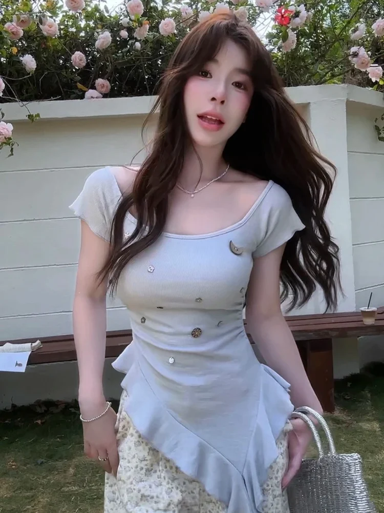 

Корейская женская футболка Slim Fit с коротким рукавом, красивый летний топ, новинка, Pure Desire, с асимметричным декором