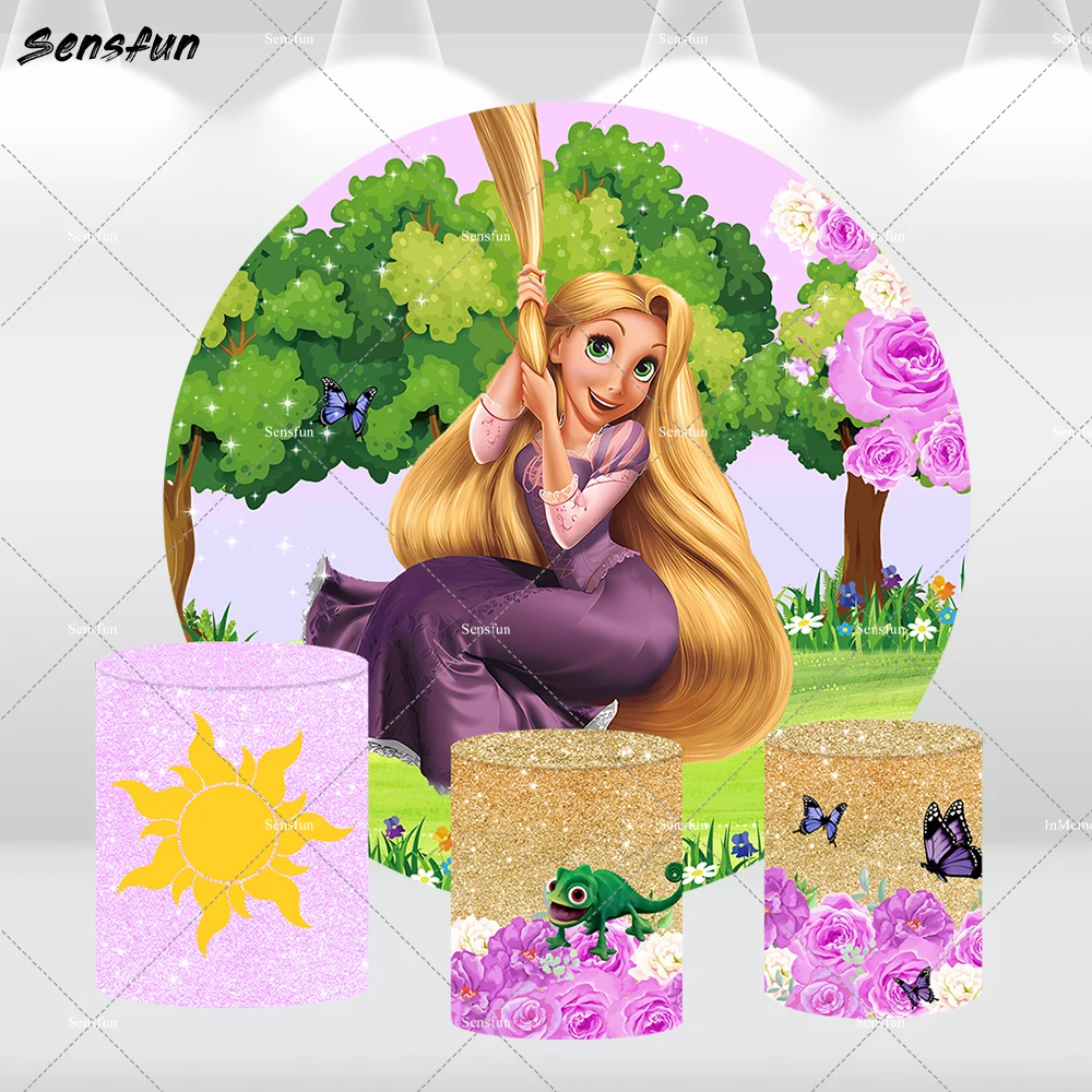 Tangled Rapunzel Princess Round Backdrops Tree Flowers Frog Girl's Birthday Party Baby Shower Circle Background Elastic Round