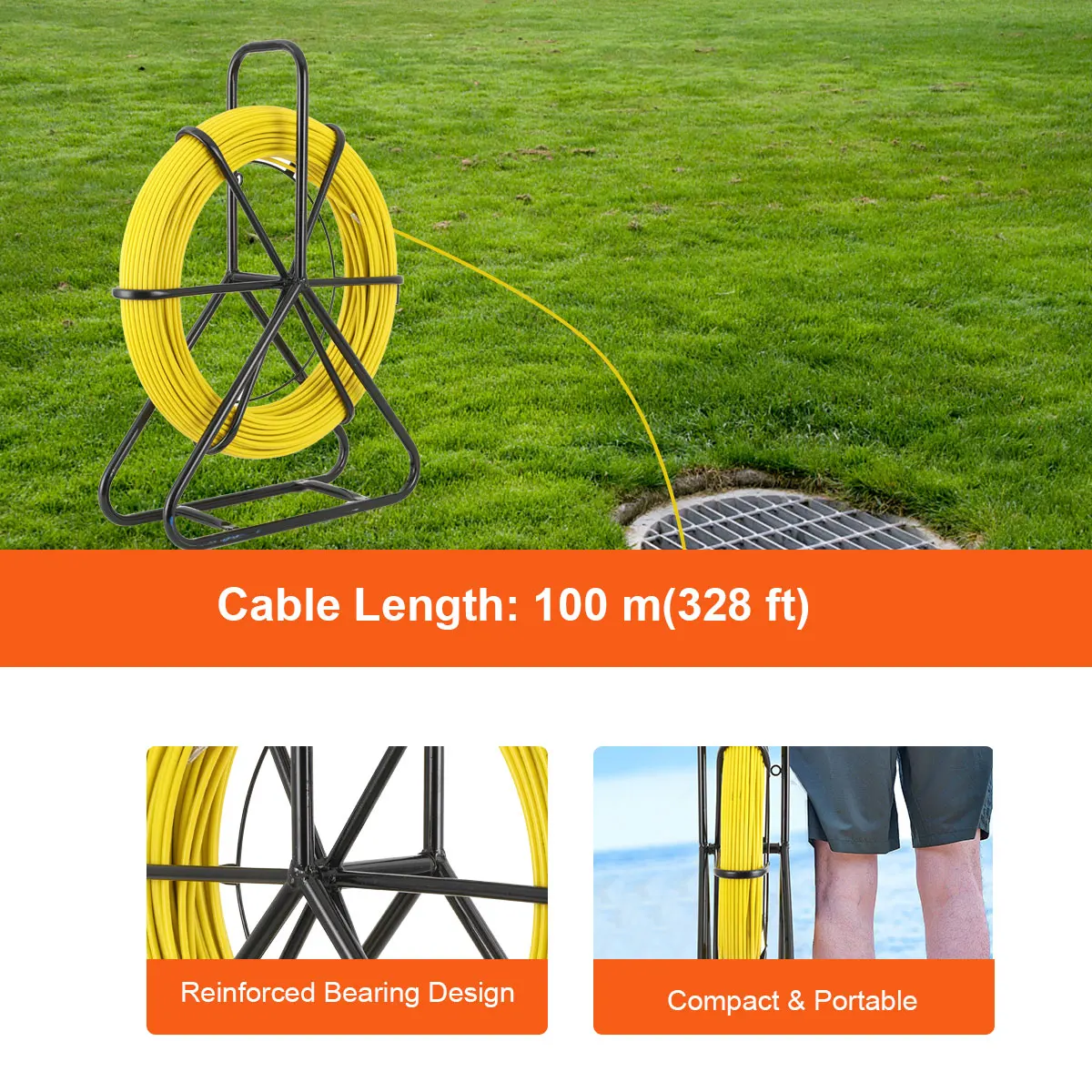 100/130 متر كهربائي سلك ماكينة لولبة سلك الألياف الزجاجية كابل تشغيل قضيب شريط الاسماك رودر كابل Unclogger زعيم 6 مللي متر