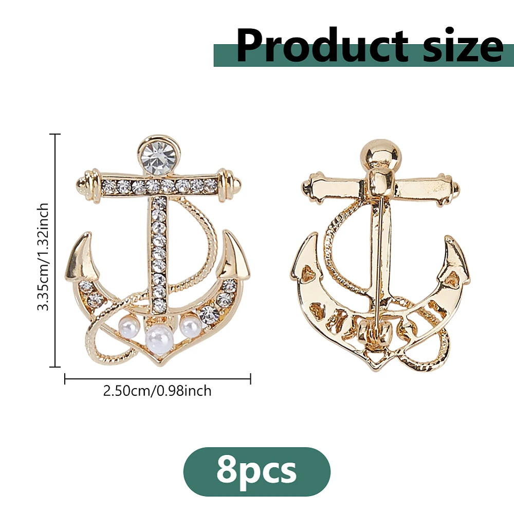 8Pcs Anchor Brooch Lapel Pin Pearl Anchor Fashion Brooch Pin Platinum/Golden Boatanchor Brooches Nautical Lapel Pins Sparkling