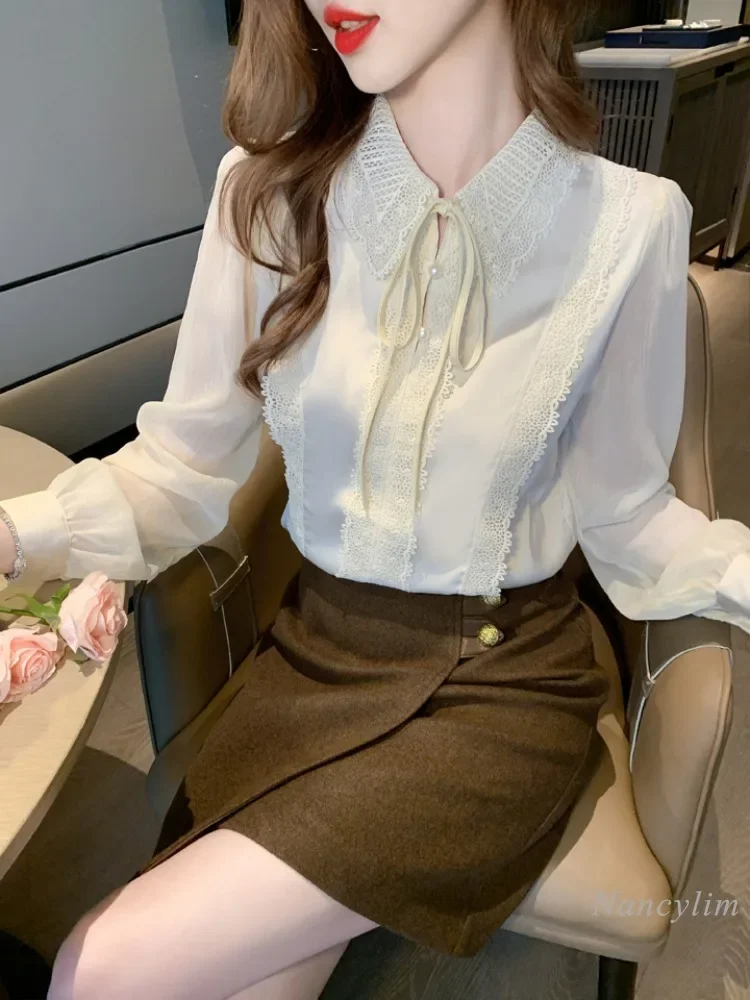 Camicetta in Chiffon a maniche lunghe con colletto a bambola camicia autunnale da donna 2024 nuovo temperamento superiore in pizzo europeo di fascia alta bella Blusas