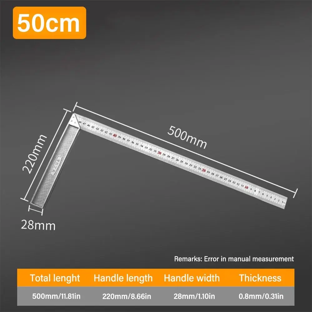 Regla cuadrada de ángulo de escala de doble cara, acero inoxidable, 30/50CM, regla triangular, herramienta de medición, calibre de ángulo recto, carpintería