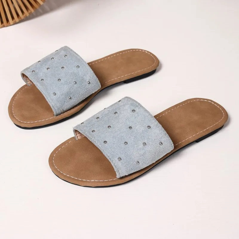 

Candy Color Mori Girl Style Rivet Suede Flat Heel Slippers Summer Casual Sandals Simple Fashion Beach Woman Slides