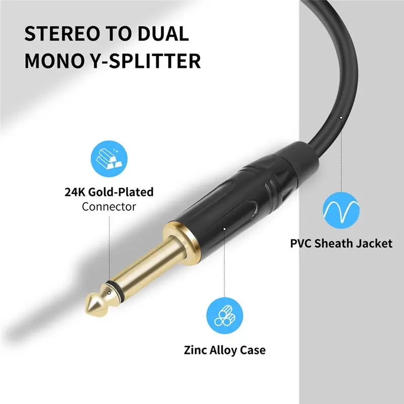 AA60 6.35mm Stereo to 2 Mono Y-Splitter Insert Cable 1/4 Inch Male to Dual 6.35 Male Audio Cable 2M for Mixer