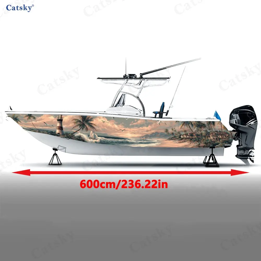 Island Lighthouse Seagull Flock Boat Stickers, PVC Waterproof Vinyl Wrap Decals for Fishing Boats, Durable and Stylish Design