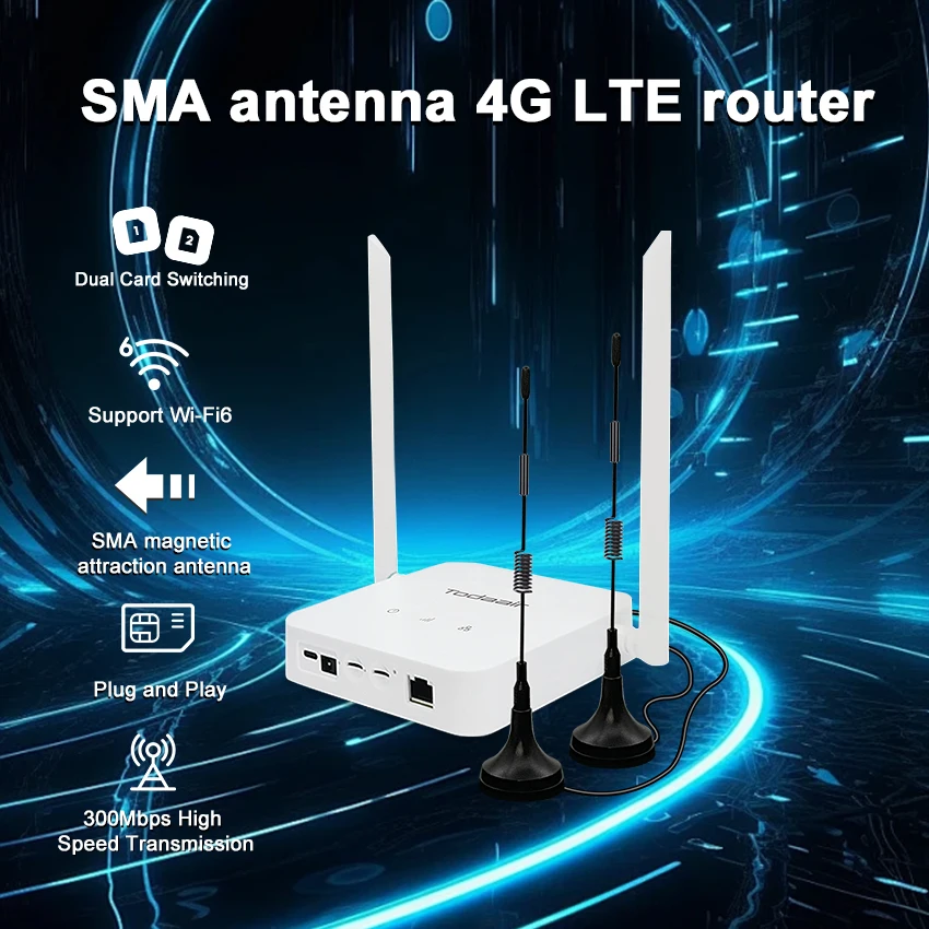 

Маршрутизатор 4G LTE с Wi-Fi 6, загрузка 150 Мбит/с, слот для двух SIM-карты, 2 внешних антенны High-Gain, сетевой замок 3G/4G, 300 Мбит/с 2,4