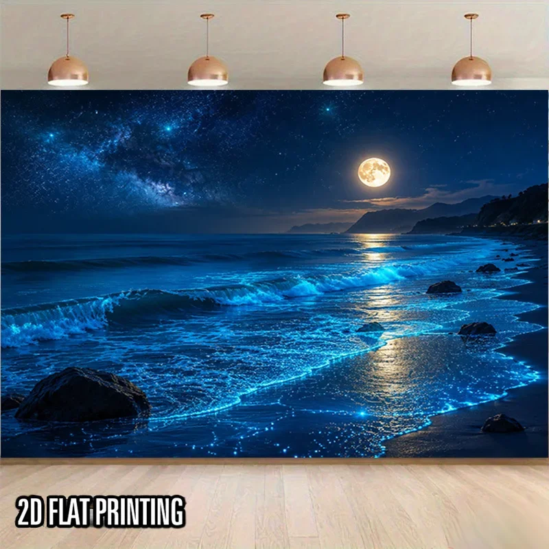 Stunning Galaxy Night Sky Ocean Wave Moon Landscape Tapestry Wall Art Decor for Bedroom Living Room