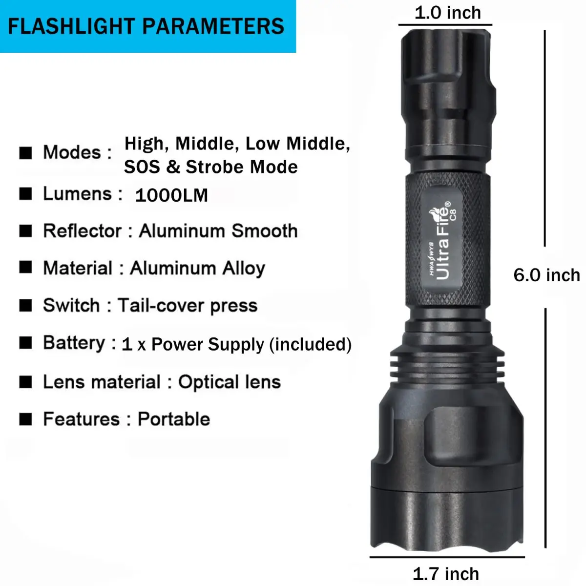 UltraFire C8 5 Mode Tactical Flashlight 1000LM High Brightness Long Range Tactical Camping Flashlights Outdoor Waterproof Torch