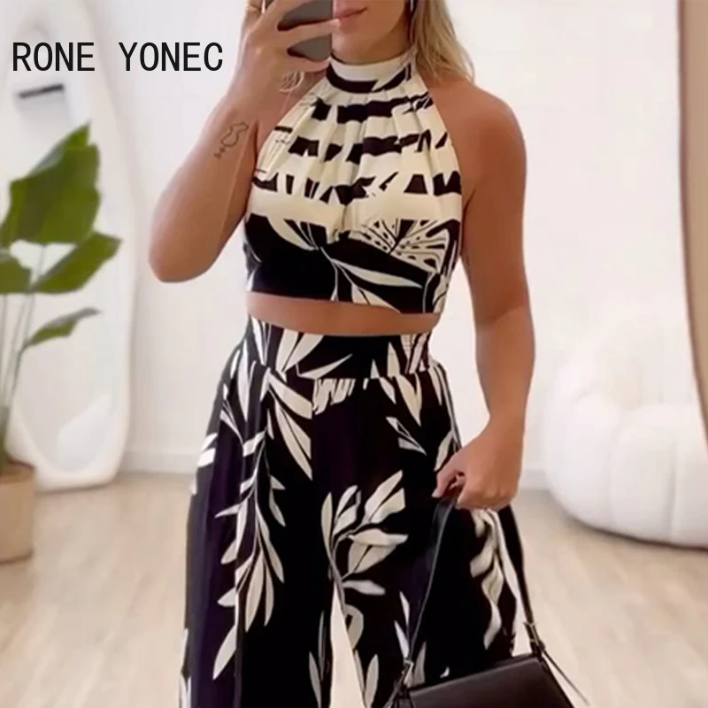 Women Halter Allover Print Sleeveless Crop Top & Wide Leg Pants Two Pieces Vacation Pants Sets