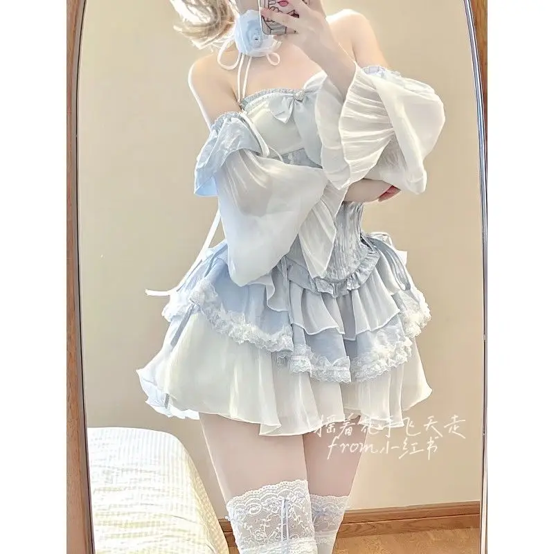 

Милые комплекты платьев в стиле Лолиты Y2k, женское мини-платье Kawaii с бантом и кружевом с оборками и длинными рукавами, с открытыми плечами и тонким поясом