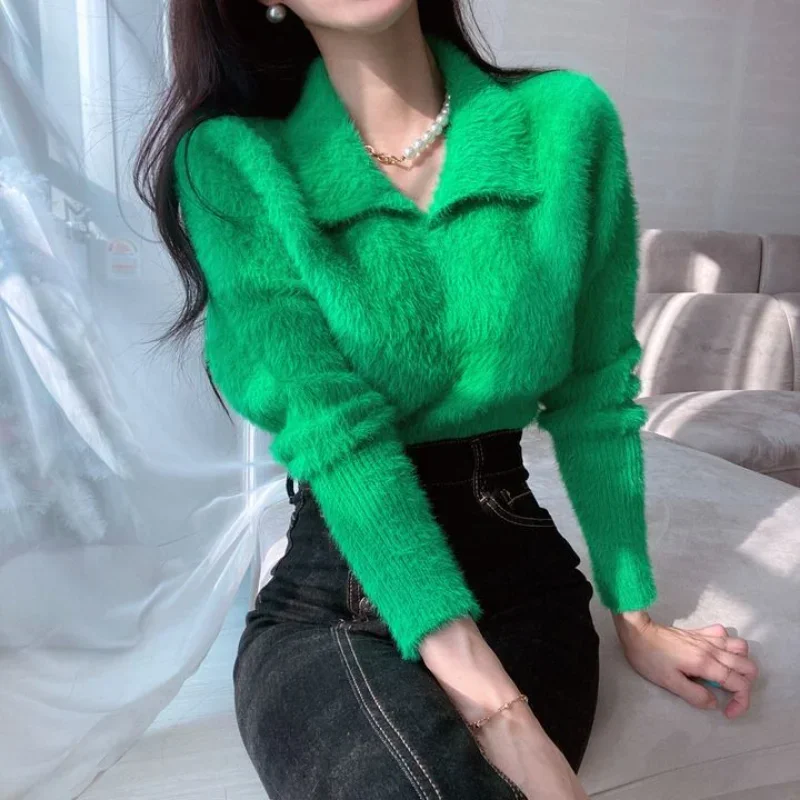 Fluffy Pullover Woman Turn Down Collar Solid Color Korean Fashion Long Sleeve Pullovers Sweet Soft Sweater Female V1652