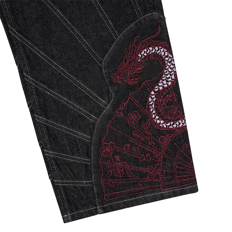 خمر التنين الأحمر الأزهار مروحة نمط التطريز عارضة فضفاض واسعة الساق الجينز Y2K الاتجاه الرجال النساء أزياء مريحة الشارع الشهير