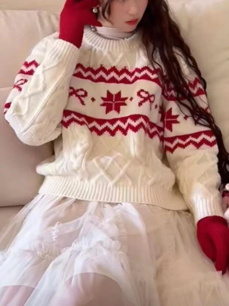 

Korobov Autumn Korean Vintage Sweet O Neck Long Sleeve Loose Contrast Color Jacquard Geometric Knitted Pullovers