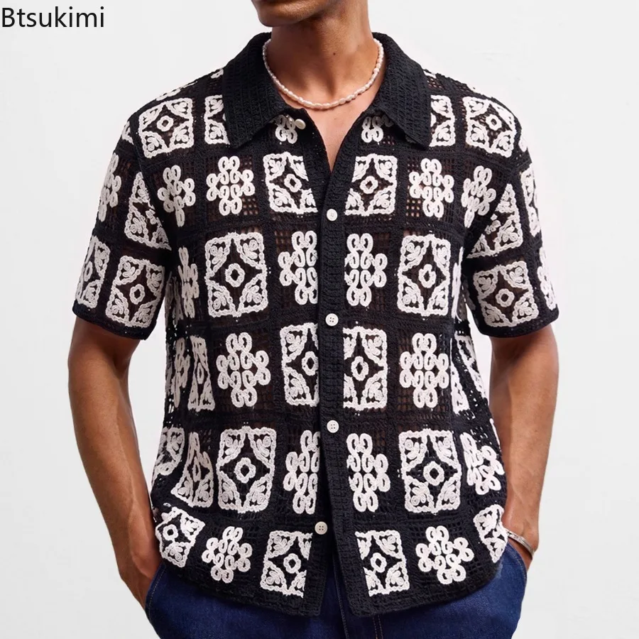 Camisetas Polo de Punto Vintage para Hombre 2026, Camisetas de Verano con Diseño Calado, Estilo Étnico, Cárdigans Casuales Holgados, Tops de Manga Corta para Hombre