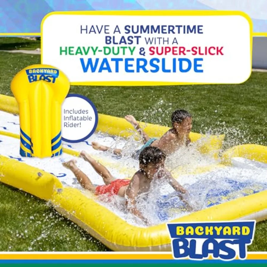 Waterslide for backyard use, PVC material, blue and yellow, extra thick to prevent rips tears with bumpers and splash zone