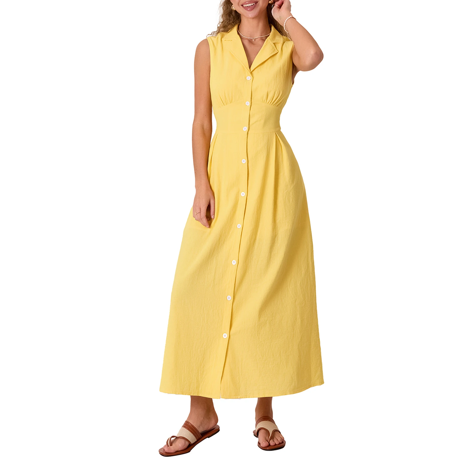 

Summer Women Cotton Linen Long Dress Casual Sleeveless Turn-down Collar Button-down Casual Party A-line Dress