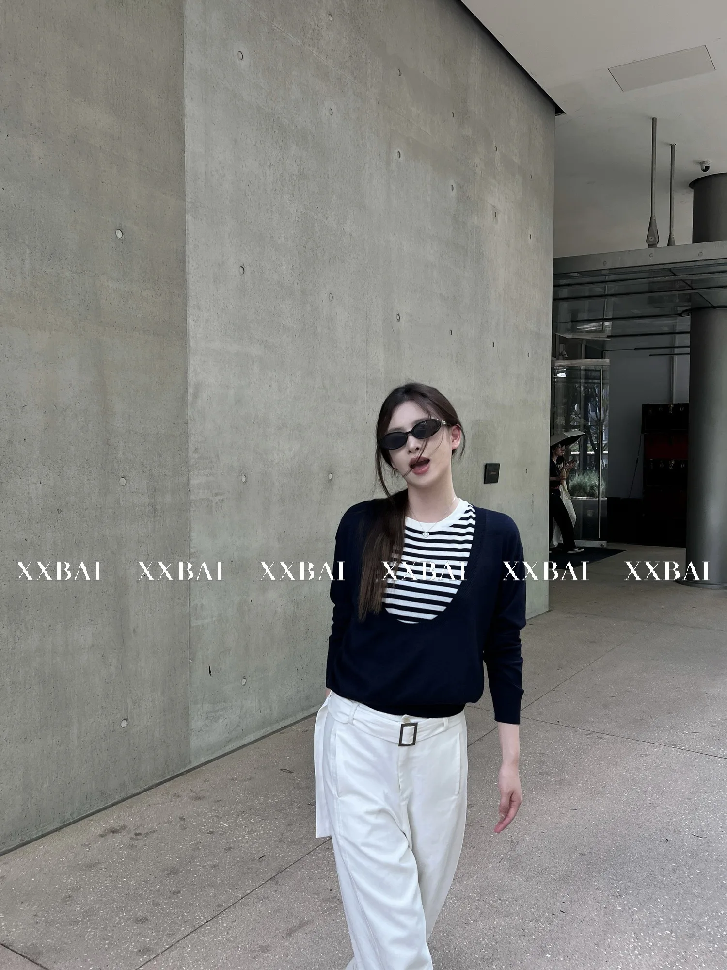 

XXBAI Soft Autumn Lazy Overhead Large U-ne Knitwear Women's Small Stripe Vest Two-piece Set Slim Fit Daily Wear Wool Blend