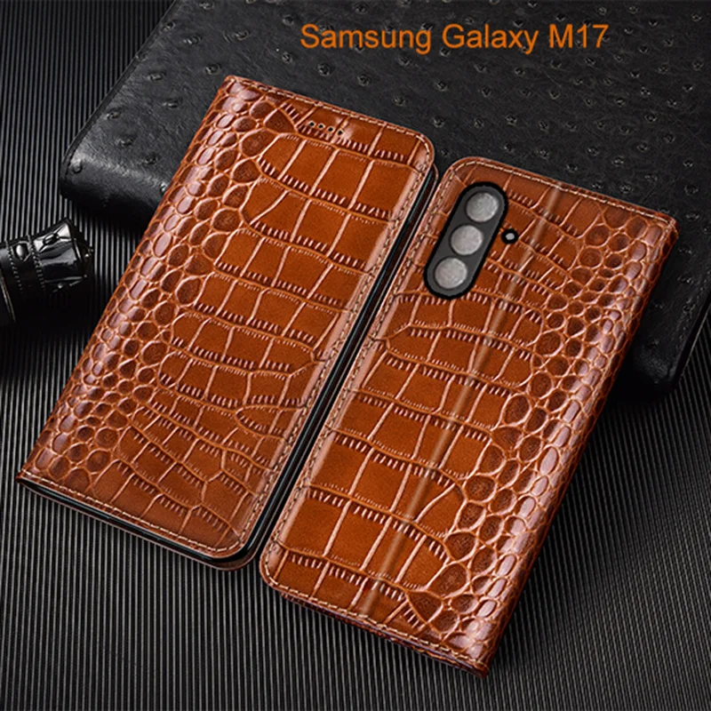 

Crocodile Genuine Leather Flip Case For Samsung Galaxy M07 M17 Phone Cover Card Cases Scratch Proof