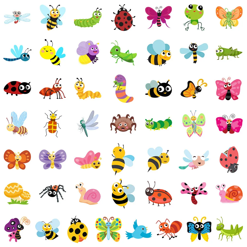 50 pegatinas de grafiti de insectos de dibujos animados, decoración impermeable para vasos de agua y equipaje, tienda de pegatinas BulingBulingStickers