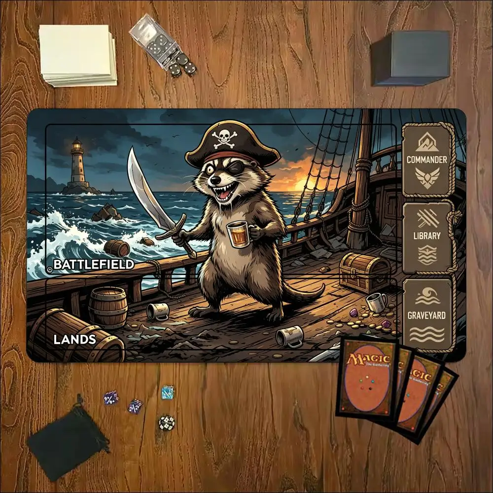 Epic Pirate Raccoon Large Game Mat Non‑Slip Rubber Playmat Bold Nautical Fantasy Art for Trading Card Tabletop Hobby Table Decor