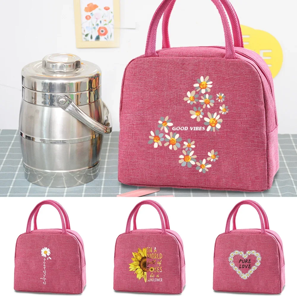 

Daisy Printed Canvas Lunch Box Bag Cooler Picnic Bag Fashion Lunch Bags School Food Insulated Dinner Bag Camping Travel Handbags