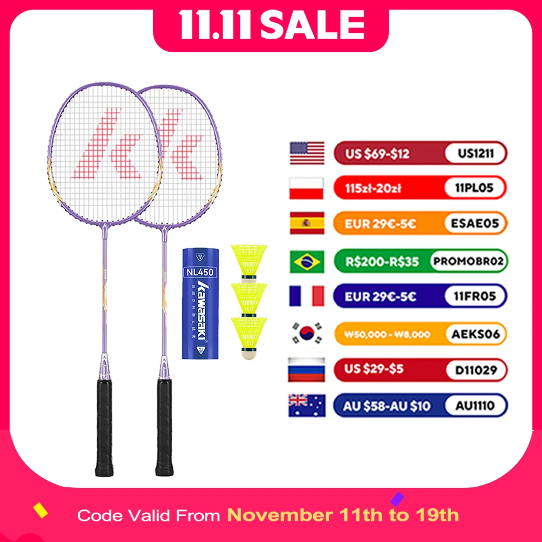 

Kawasaki Badminton Set with 2 Badminton Rackets, 3 Shuttlecocks, and Carrying Badminton Bag Suit for Badminton Practice