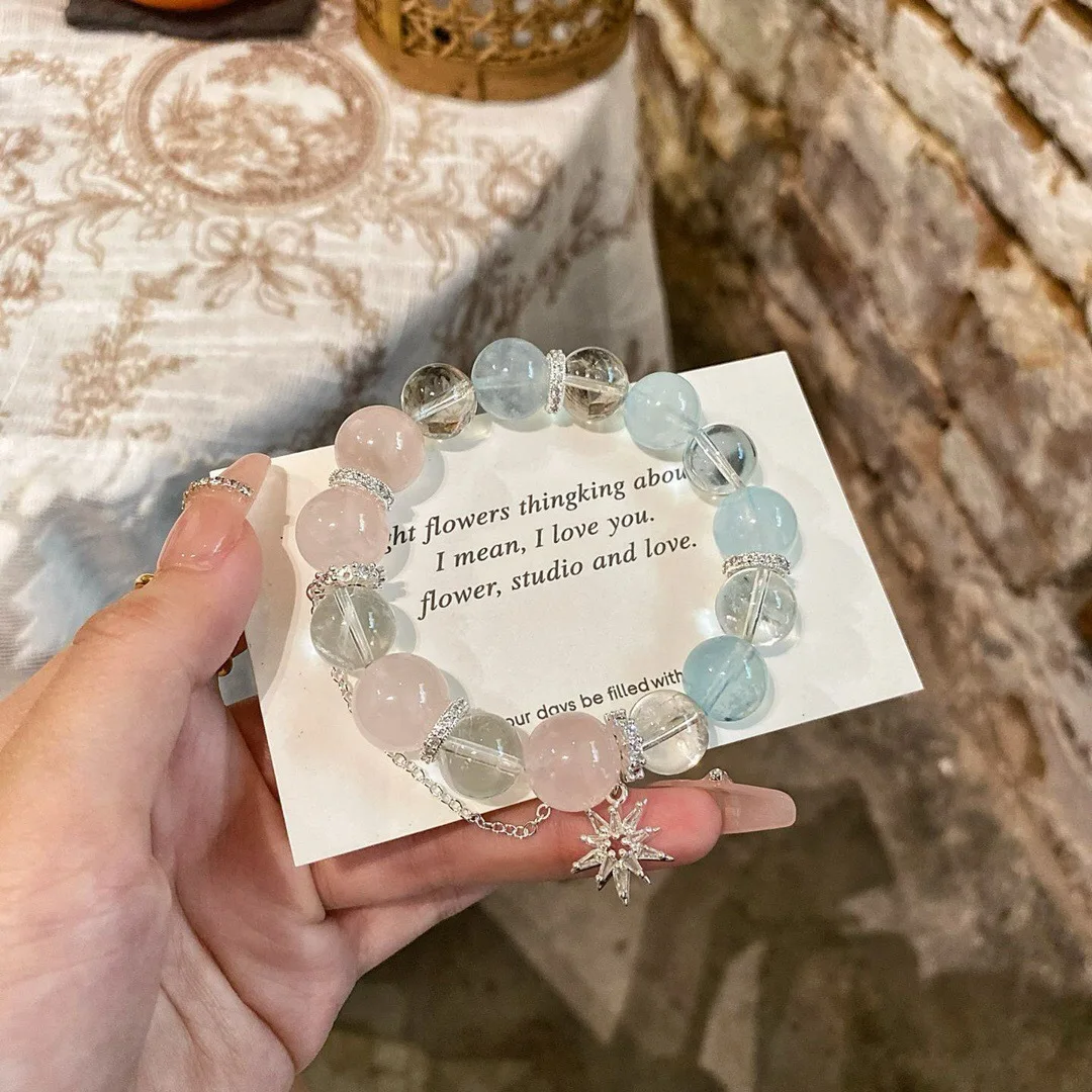 

Natural Crystal Bracelet, Aquamarine, Pink Crystal, White Crystal Women's Fashion Bracelet