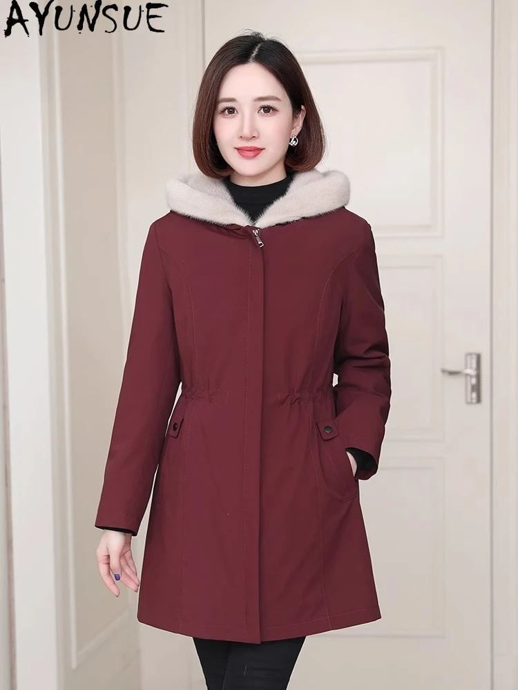 AYUNSUE 本物のミンクファーコート レディース 2025 冬服 本物の毛皮コート レディースコート ミドル丈パーカー 裏地取り外し可能 Пальто Женское