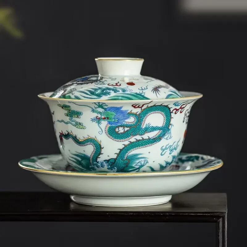 Jingdezhen Imitation Ancient Ceramic Blue and White Double Dragon Three-Talent Covered Bowl Tea Cup, Single Tea Infuser Cup, Dou